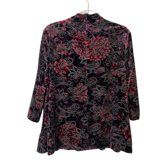 Chicos Velvet Burnout Top Womens Size 2 US Large Black Floral Mock Neck - Picture 2 of 9